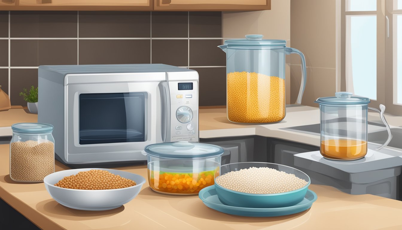 A kitchen counter with a variety of buckwheat dishes in glass containers, a microwave, and a pot of boiling water