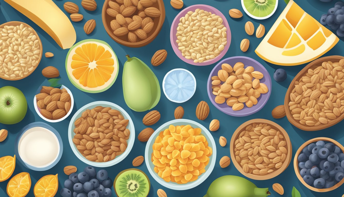 A colorful array of diabetes-friendly cereals surrounded by fresh fruits and nuts, with a prominent label highlighting their nutritional benefits