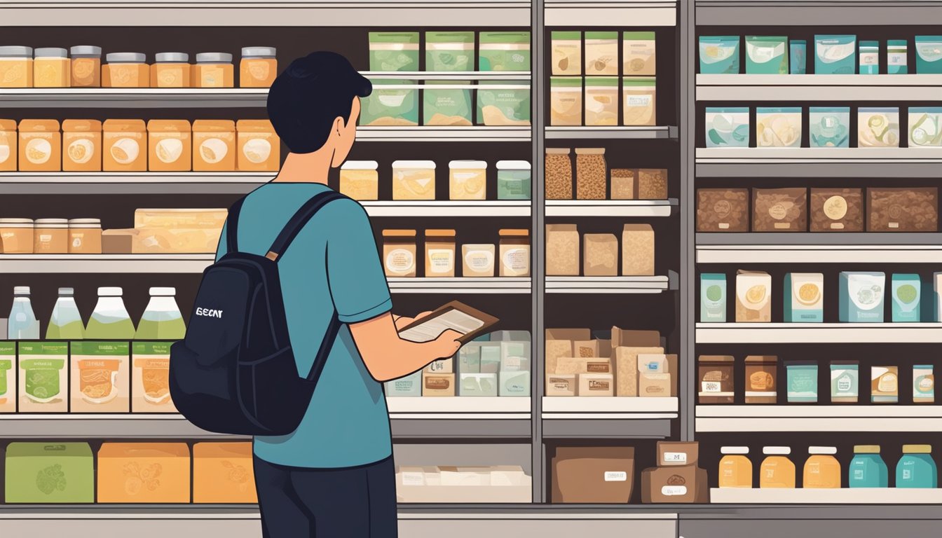 A person browsing through shelves of buckwheat products in a grocery store, examining labels and checking for vegan certification symbols