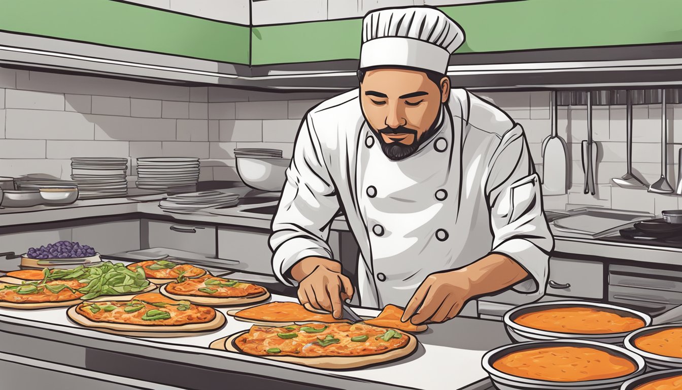 A chef prepares a buffalo chicken pizza, carefully selecting vegan ingredients