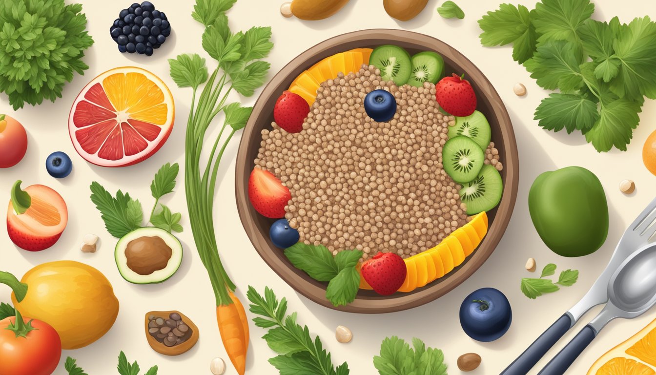 A bowl of buckwheat groats surrounded by an assortment of colorful fruits and vegetables, with a sprig of fresh herbs on the side