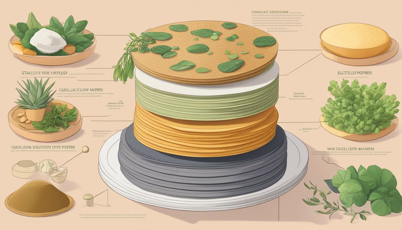 A stack of satellite wafers surrounded by various plant-based ingredients and a checklist of vegan criteria