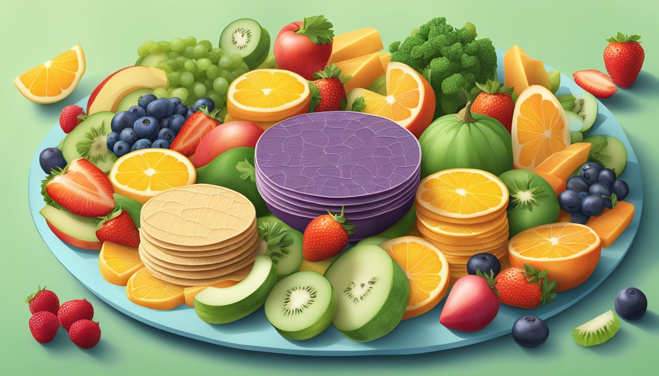 A colorful array of satellite wafers surrounded by fresh fruits and vegetables, emphasizing their vegan and nutritious qualities