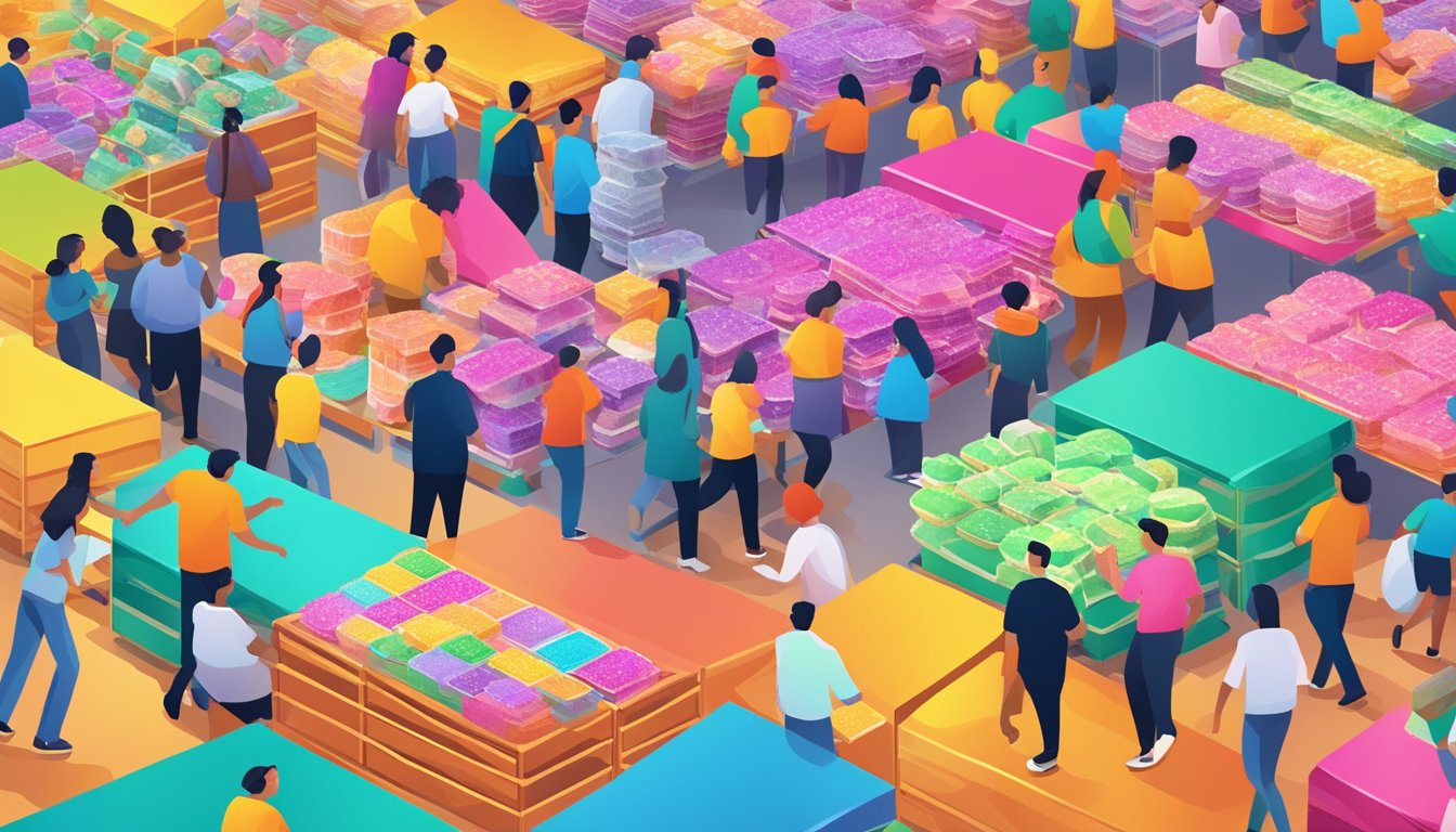 A colorful array of satellite wafers scattered across a vibrant, bustling market, with people from all over the world eagerly grabbing them from the shelves