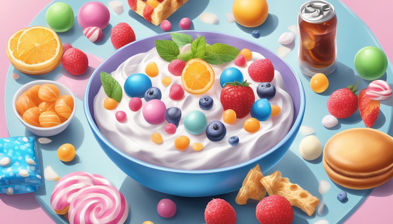 A bowl of sweetened yogurt surrounded by forbidden foods like candy, soda, and pastries, with a protective barrier around it