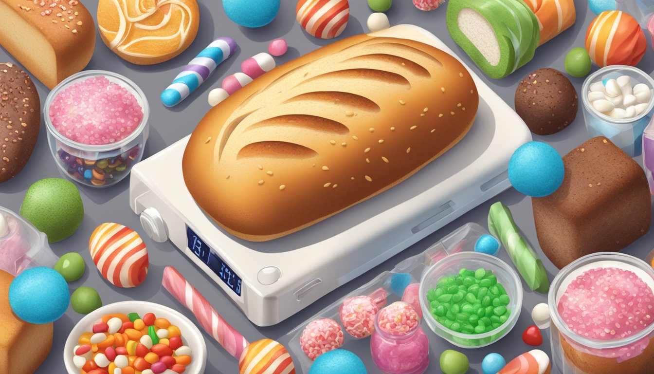 A loaf of white bread surrounded by forbidden foods like candy and soda, with a blood sugar meter in the background