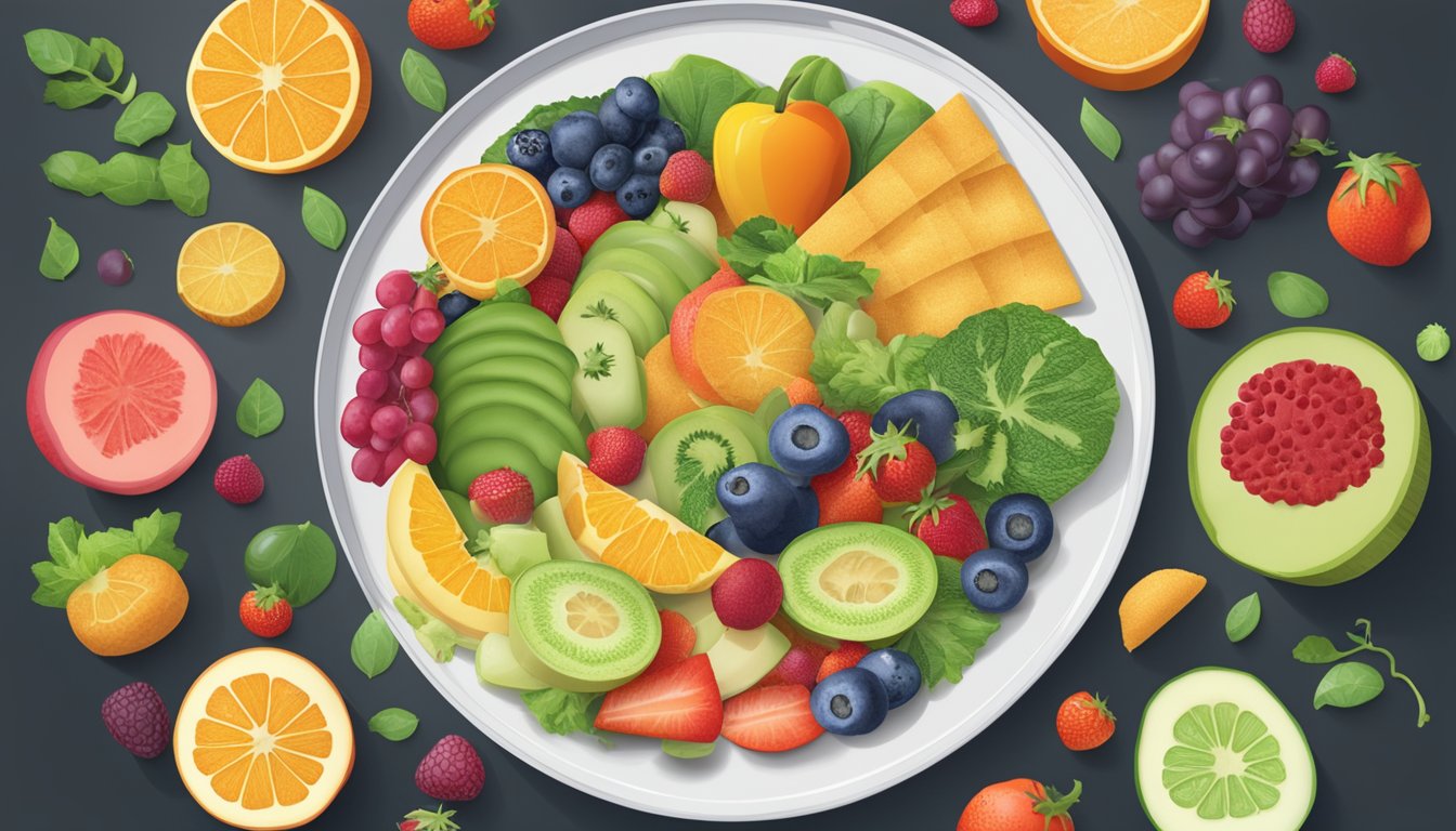 A plate of satellite wafers surrounded by a variety of fruits and vegetables, with a prominent "vegan" label