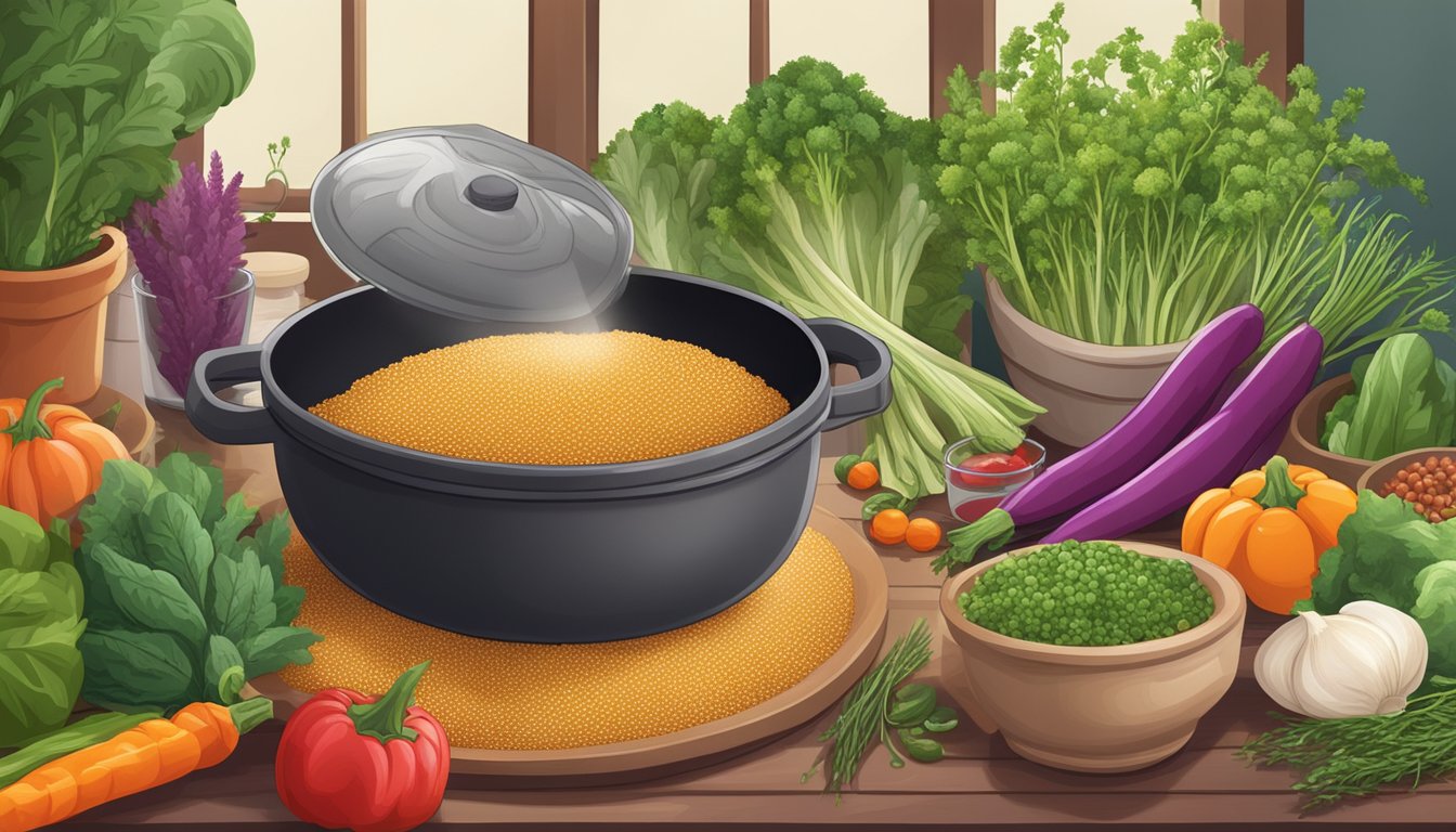 Amaranth grains being cooked in a pot with colorful vegetables and herbs nearby