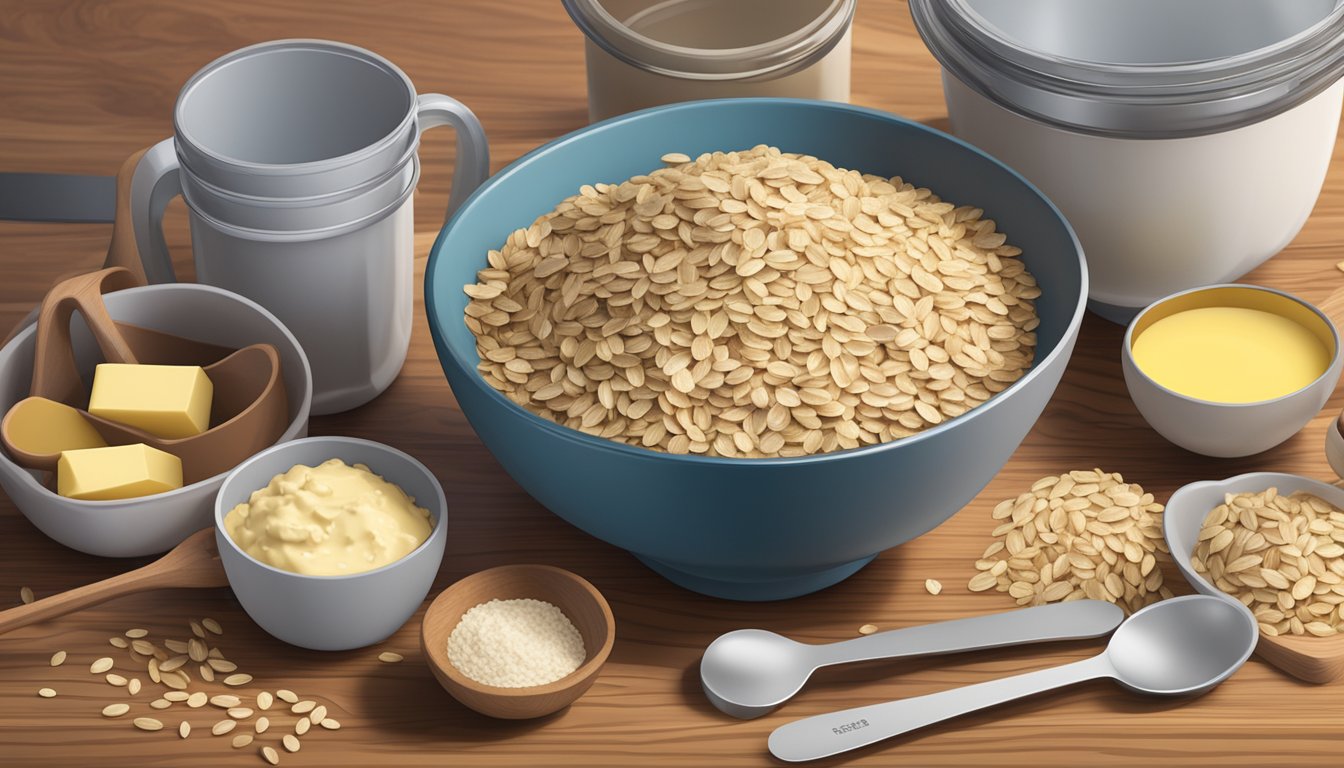 A mixing bowl filled with oats, raisins, and vegan butter, surrounded by measuring cups and spoons on a wooden countertop