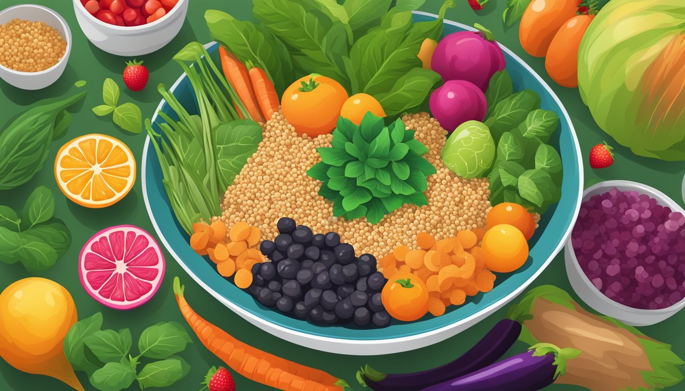 A bowl of amaranth grains surrounded by colorful, fresh vegetables and fruits, with a vibrant green leafy background