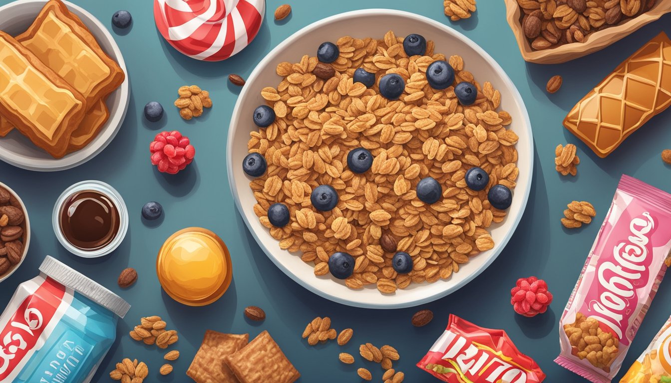 A bowl of premium granola surrounded by forbidden foods like candy, soda, and pastries, with a red stop sign symbolizing caution for diabetes