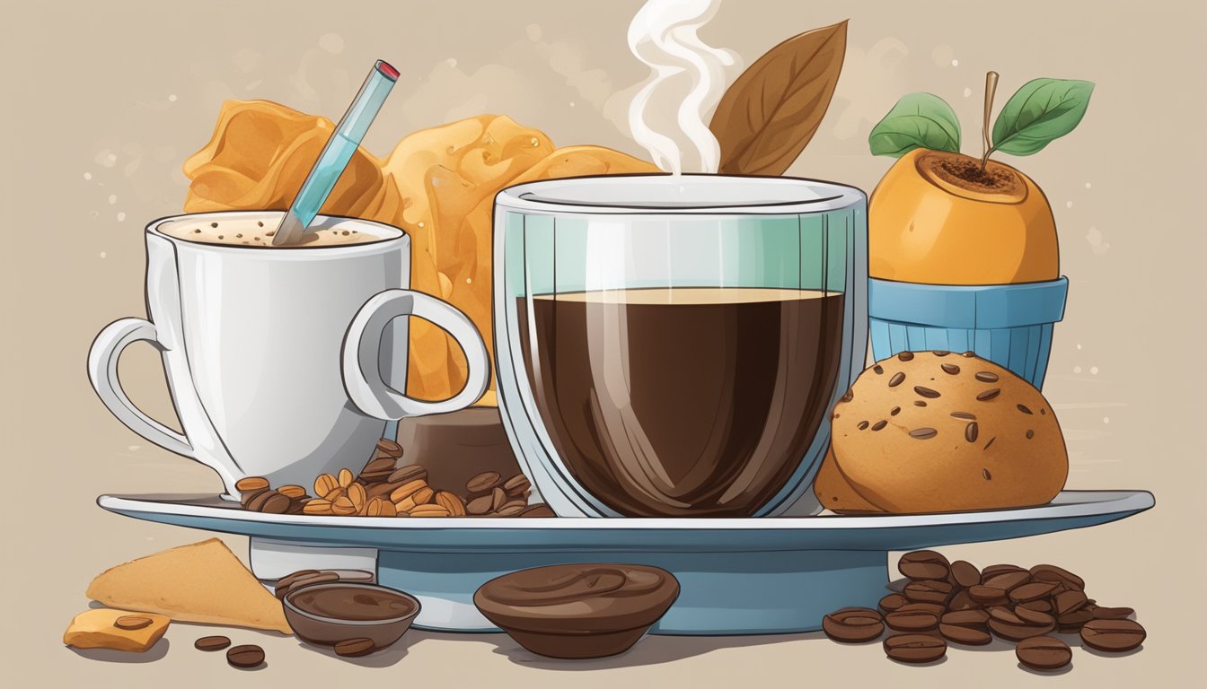 A steaming cup of flavored coffee surrounded by forbidden foods, with a blood sugar meter nearby