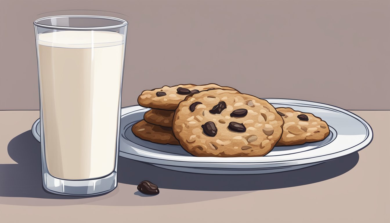 A plate of oatmeal raisin cookies sits next to a glass of almond milk