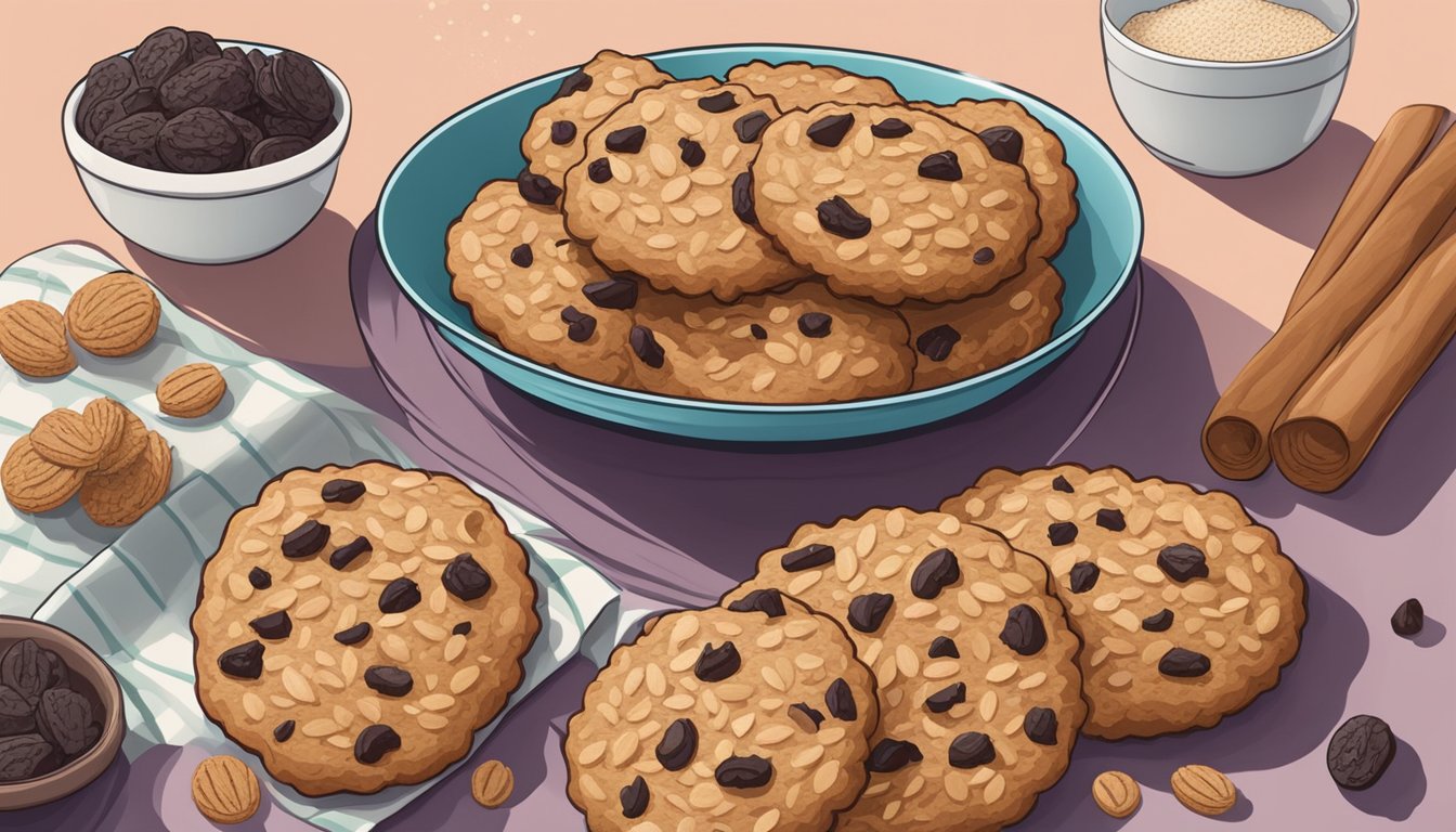 A plate of oatmeal raisin cookies surrounded by a variety of vegan baking ingredients