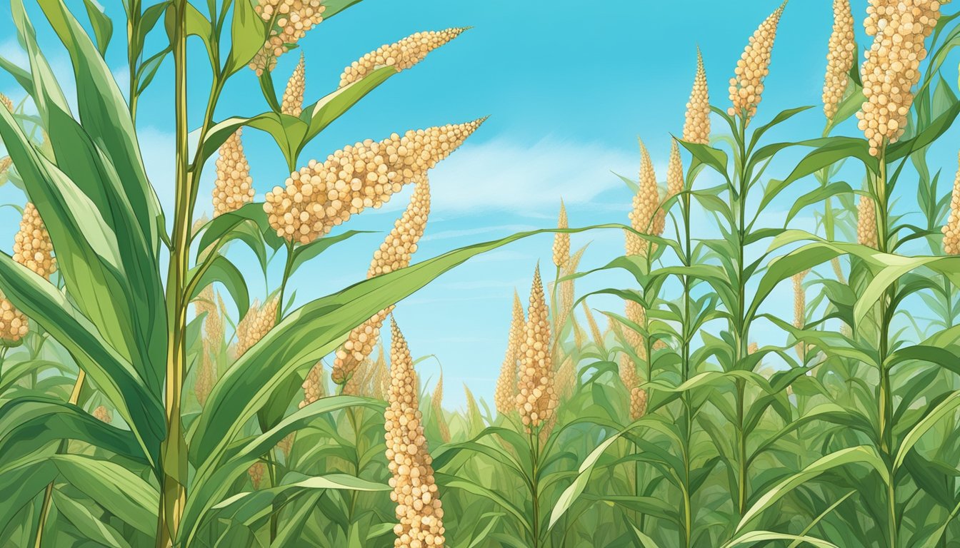 A lush field of tall sorghum plants swaying in the breeze, with a clear blue sky in the background