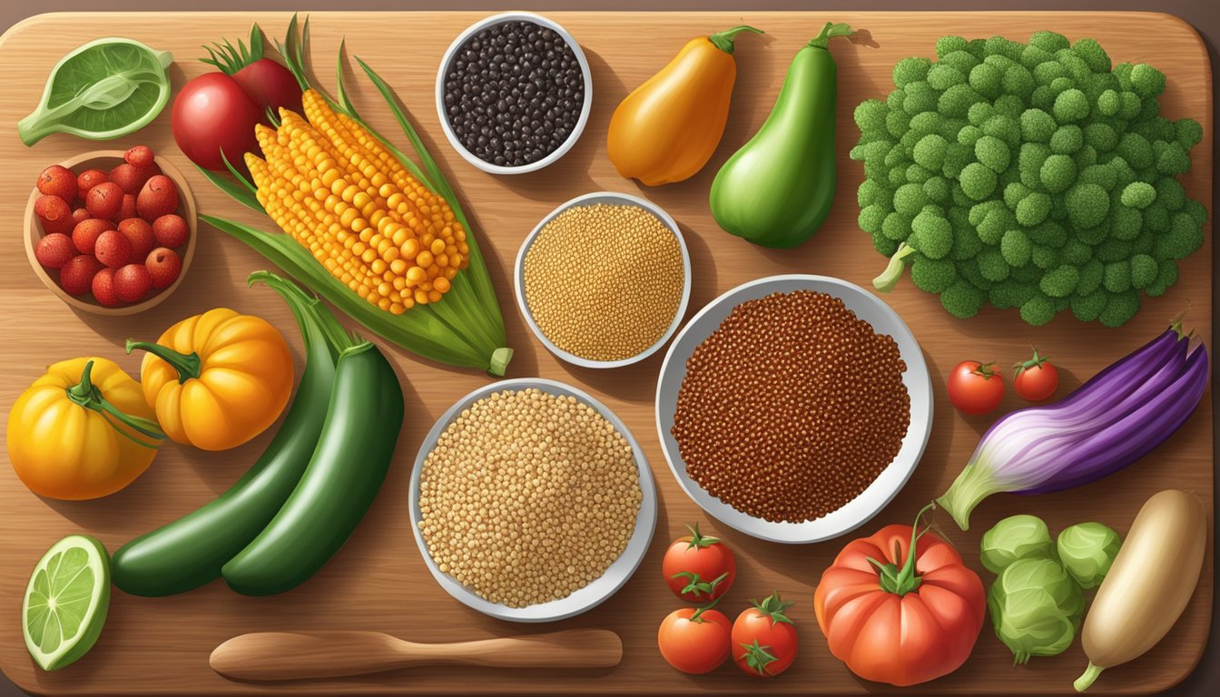 A colorful array of sorghum grains, vegetables, and fruits arranged on a wooden cutting board