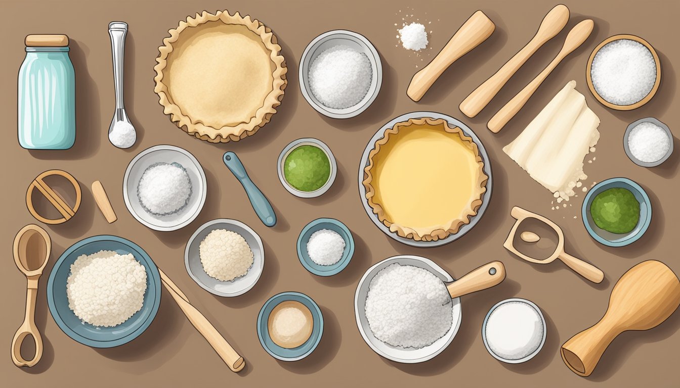 A variety of vegan pie crust ingredients and tools laid out on a kitchen counter, including flour, coconut oil, and a rolling pin