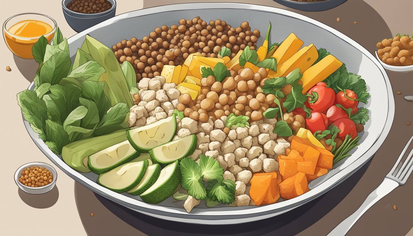 A bowl of cooked sorghum surrounded by a variety of fresh vegetables and fruits, with a plant-based protein source like tofu or tempeh on the side