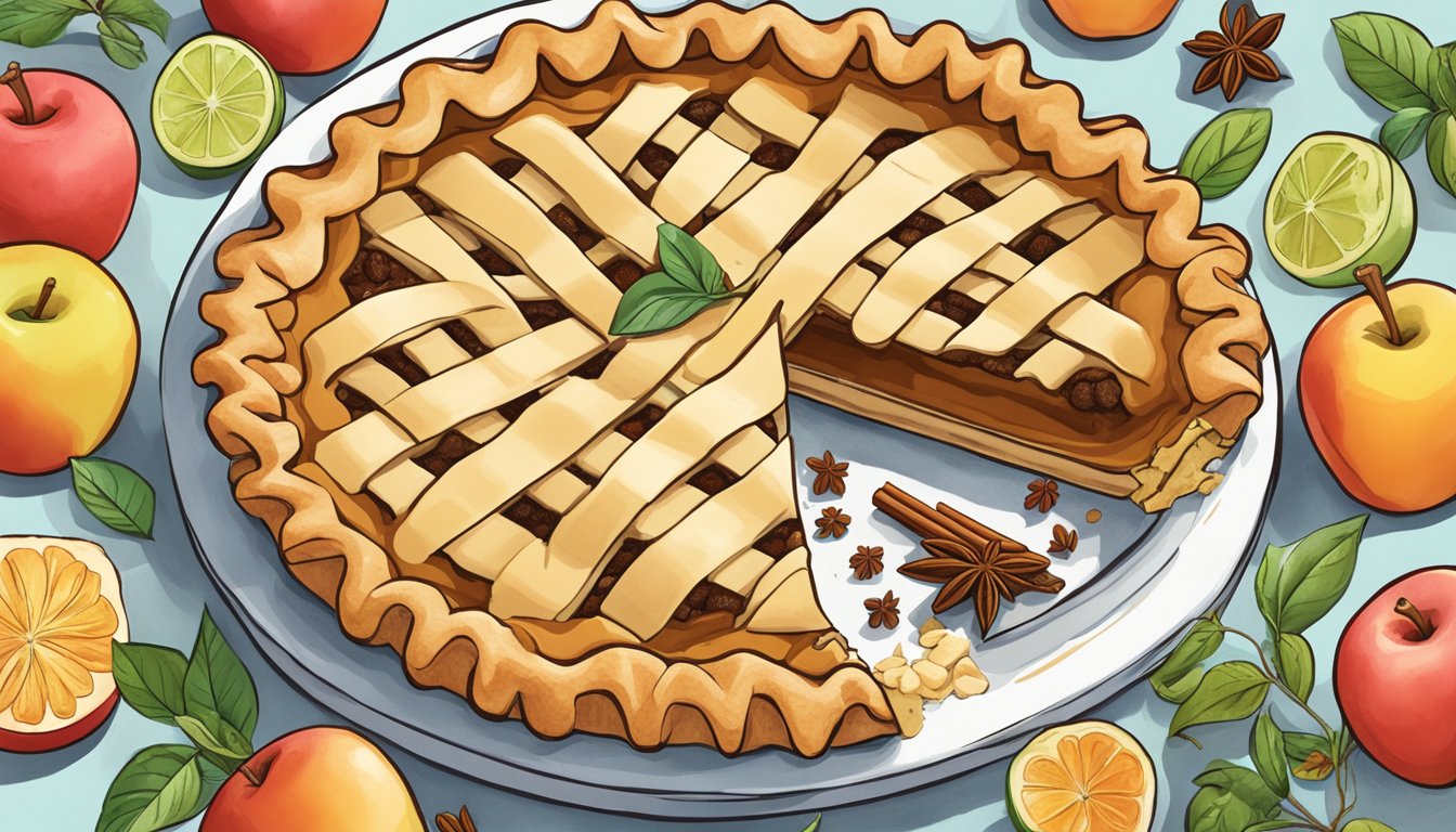 A colorful array of spices and flavorings surround a freshly baked vegan apple pie