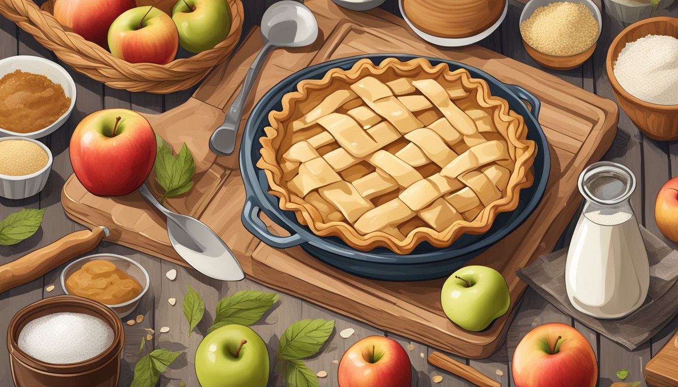 A rustic kitchen scene with a freshly baked vegan apple pie surrounded by various sweeteners and baking ingredients