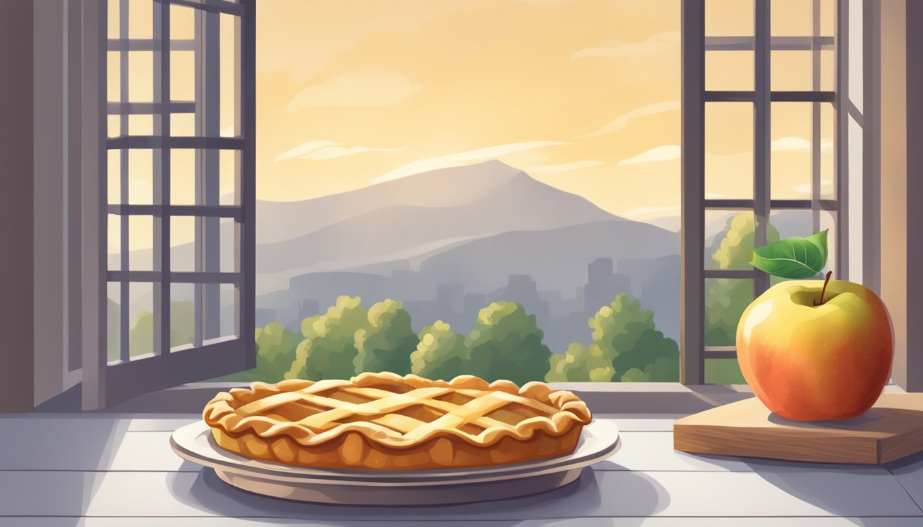 A freshly baked vegan apple pie cooling on a windowsill, with a lattice crust and steam rising from the golden filling