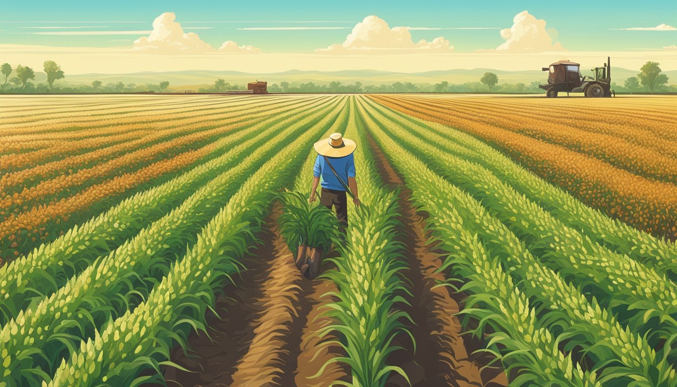 A vast sorghum field stretches to the horizon under a clear blue sky, with a farmer tending to the crop using sustainable agricultural practices