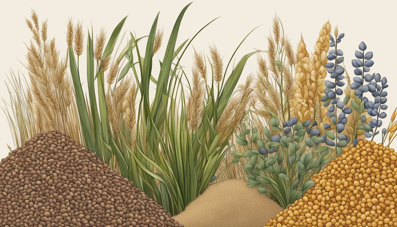 A colorful assortment of teff grains, seeds, and plants arranged in a natural, organic composition