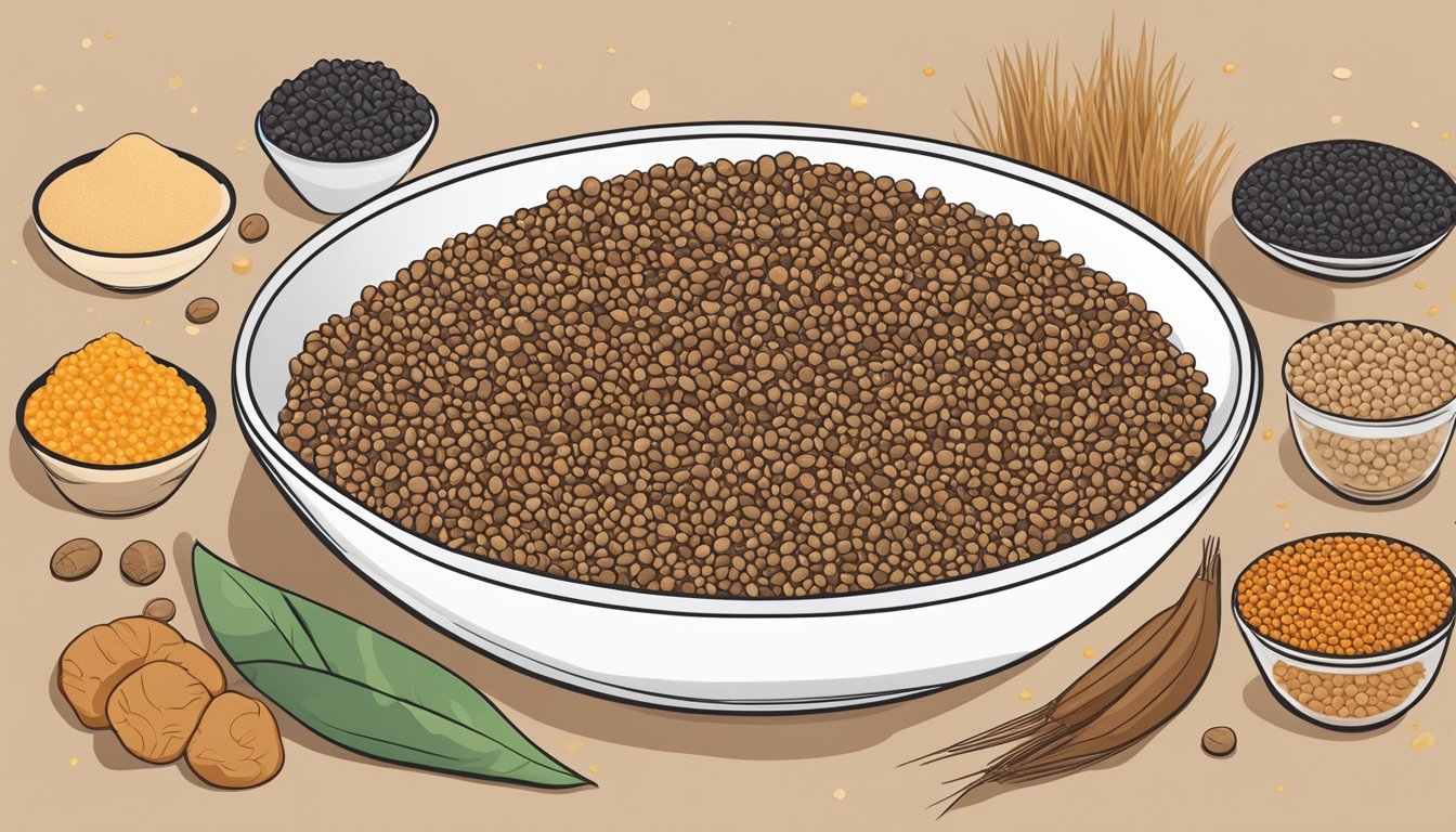 A bowl of teff grains surrounded by various allergen-free foods