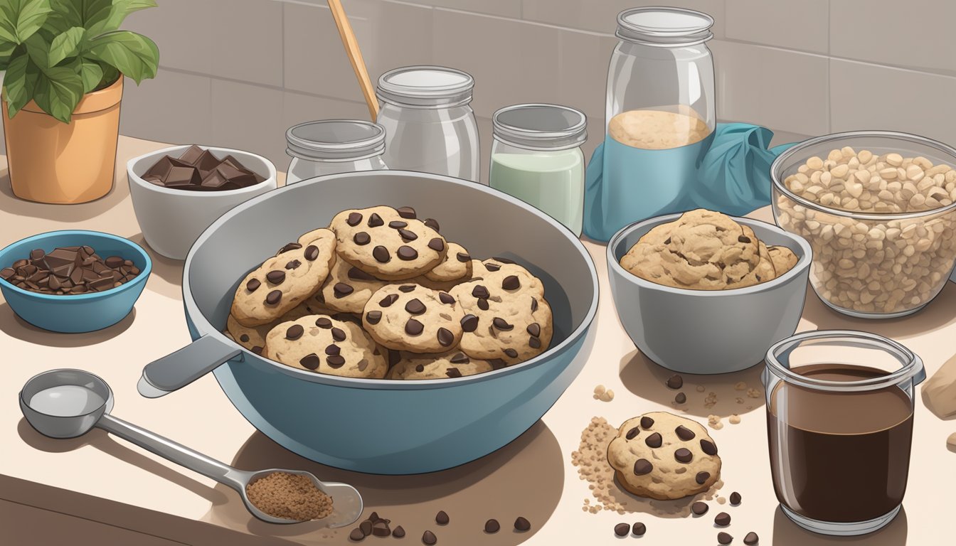 A kitchen counter with a mixing bowl filled with vegan chocolate chip cookie dough, surrounded by measuring cups, spoons, and a bag of dairy-free chocolate chips