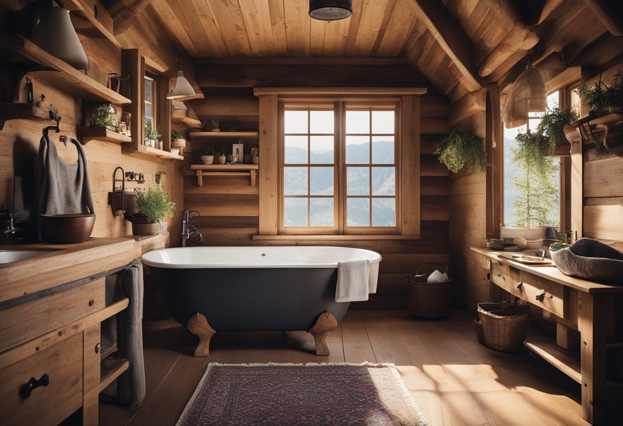 A rustic cabin bathroom with a clawfoot tub, wooden walls, a stone sink, and vintage fixtures. A large window lets in natural light, and a cozy rug adds warmth to the space