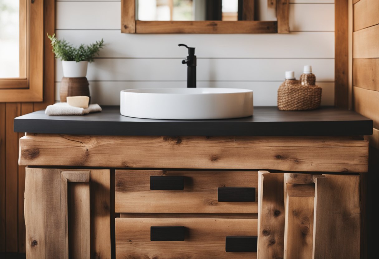 A rustic wooden vanity in a cozy cabin bathroom with natural light and simple decor