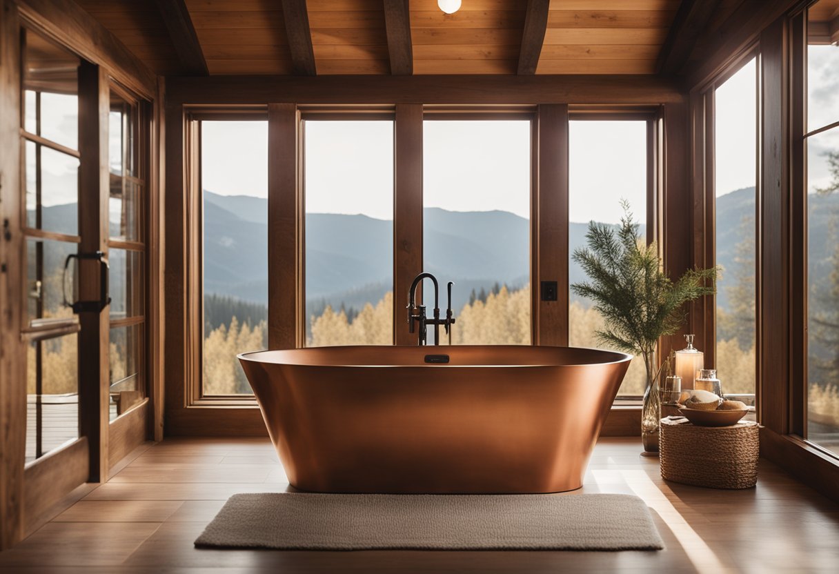 A luxurious freestanding copper tub sits in the center of a rustic cabin bathroom, surrounded by warm wood accents and soft, natural lighting