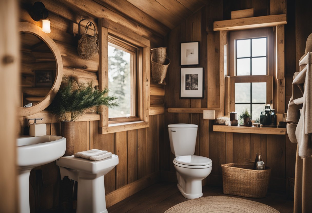 A rustic cabin bathroom with vintage wall art prints, wooden accents, and nature-inspired decor