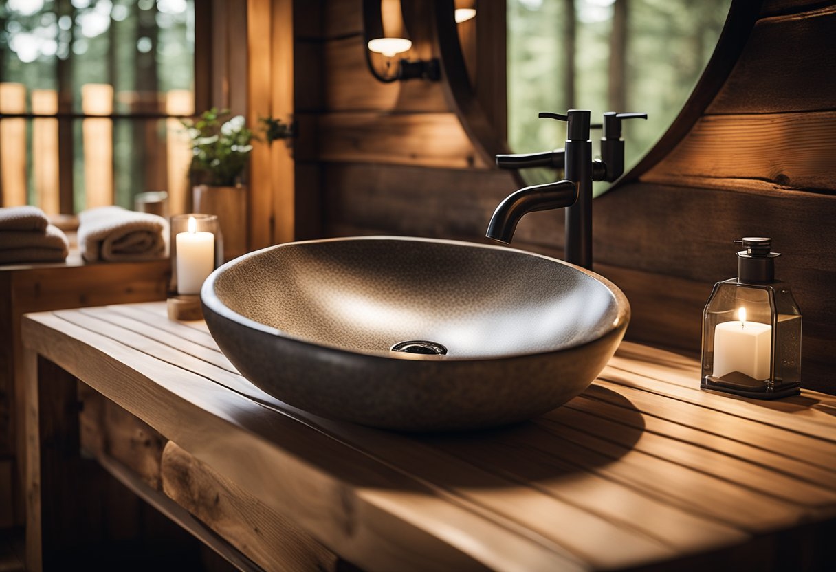 A rustic stone sink basin set against a backdrop of wooden cabin bathroom decor, with soft lighting and natural elements