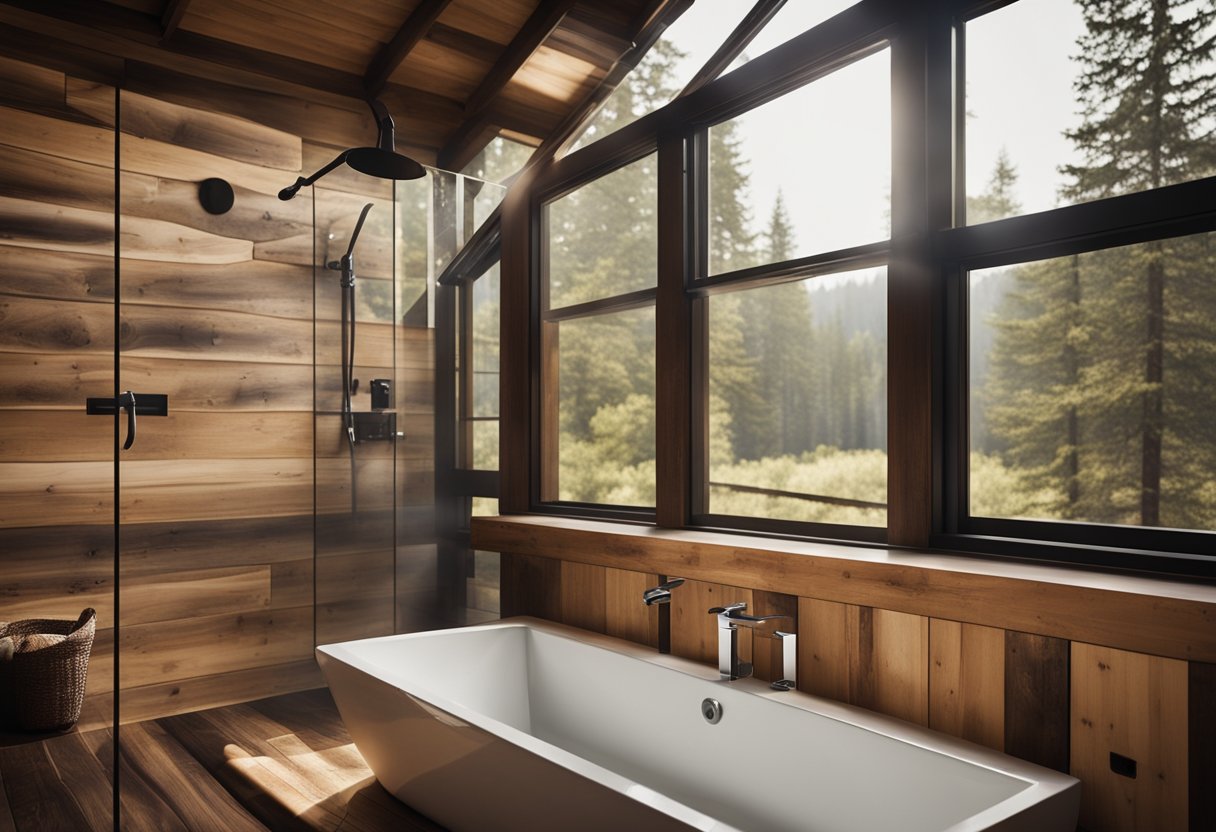 A rustic cabin bathroom with a rain showerhead, wooden walls, stone flooring, and natural light streaming in through a small window