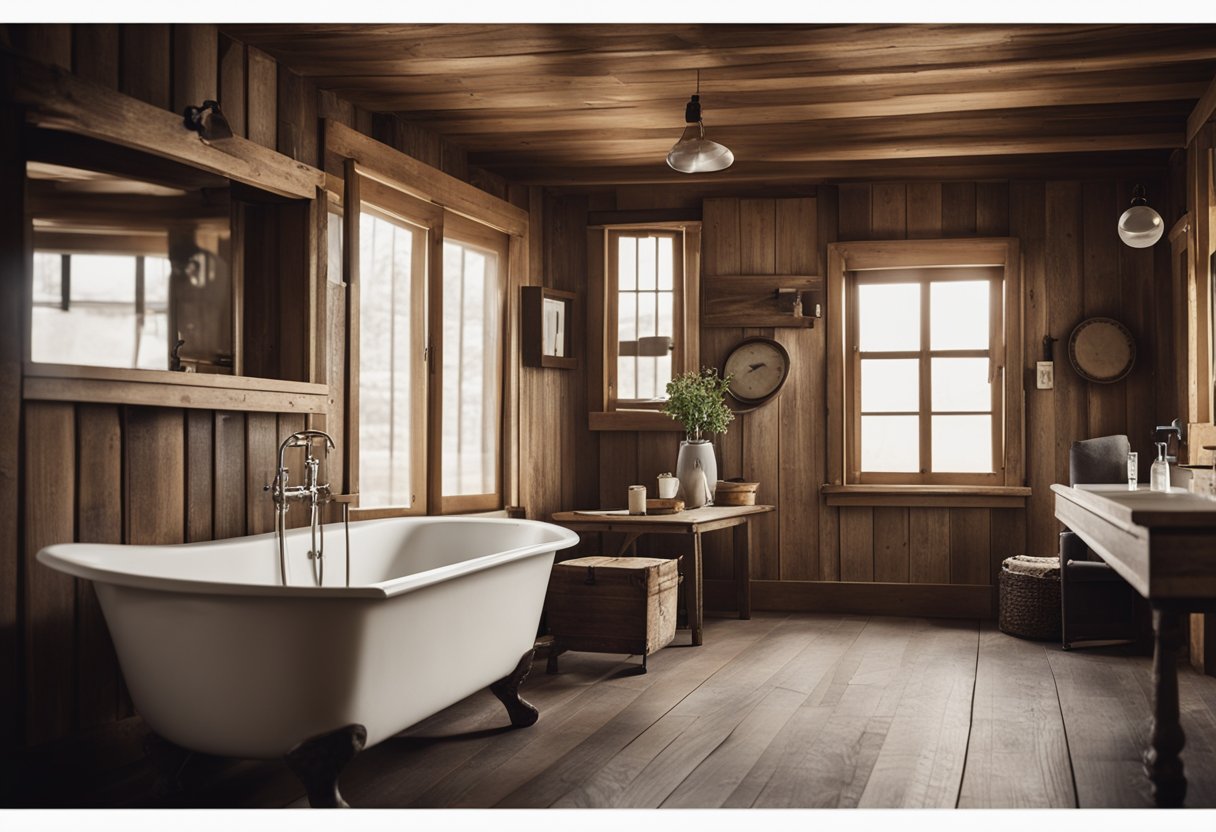 A rustic cabin bathroom with weathered wood paneling, a clawfoot tub, and vintage fixtures