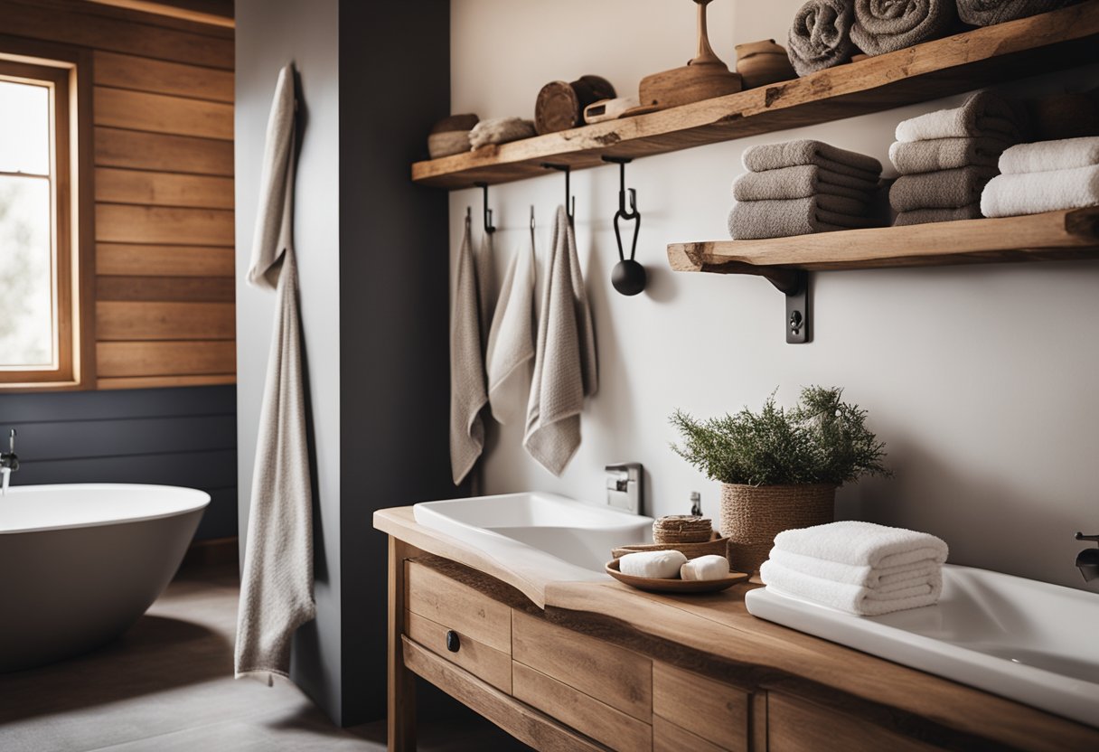 A cozy cabin bathroom with Turkish cotton towels hanging on rustic hooks, complemented by natural wood and stone accents