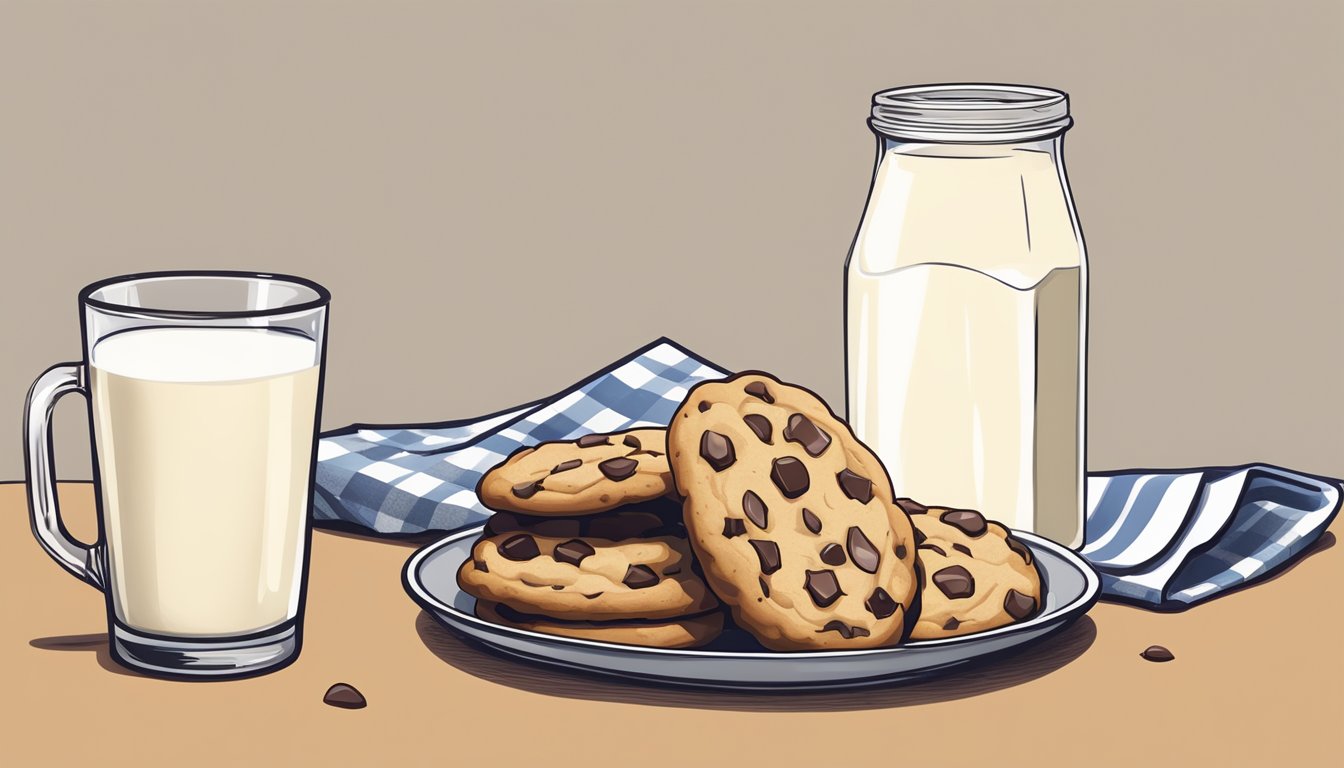 A plate of chocolate chip cookies next to a carton of almond milk