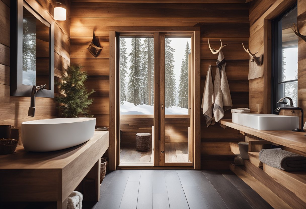 A rustic cabin bathroom with antler towel hooks, wooden walls, and natural light streaming in through a small window