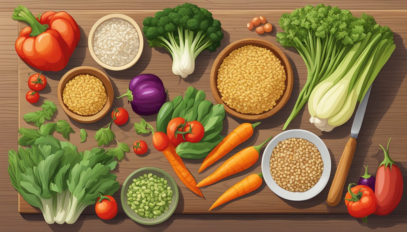 A colorful array of fresh vegetables and grains, including freekeh, are arranged on a wooden cutting board