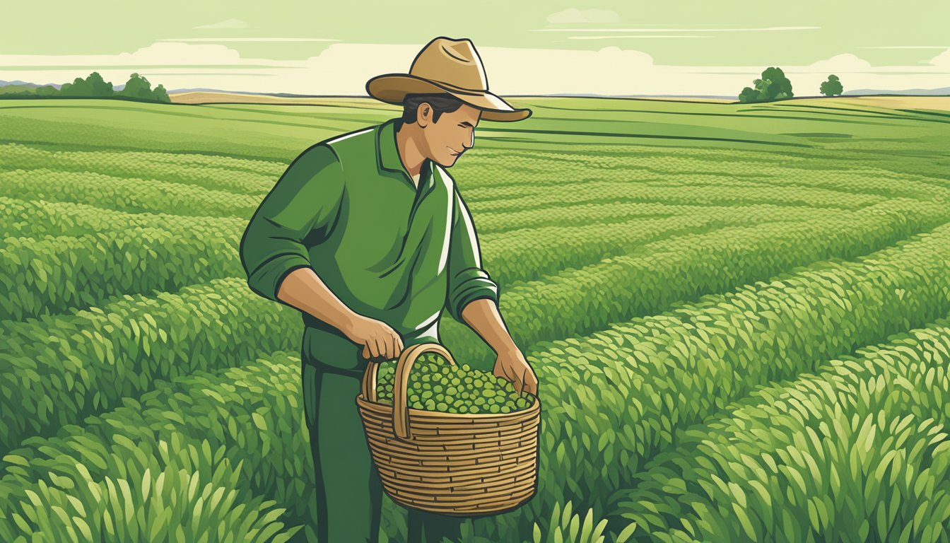 A farmer inspecting a field of tall, green freekeh plants. A basket of harvested freekeh sits nearby