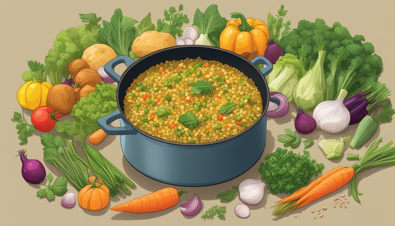 A pot of freekeh simmering on a stovetop, surrounded by colorful vegetables and herbs