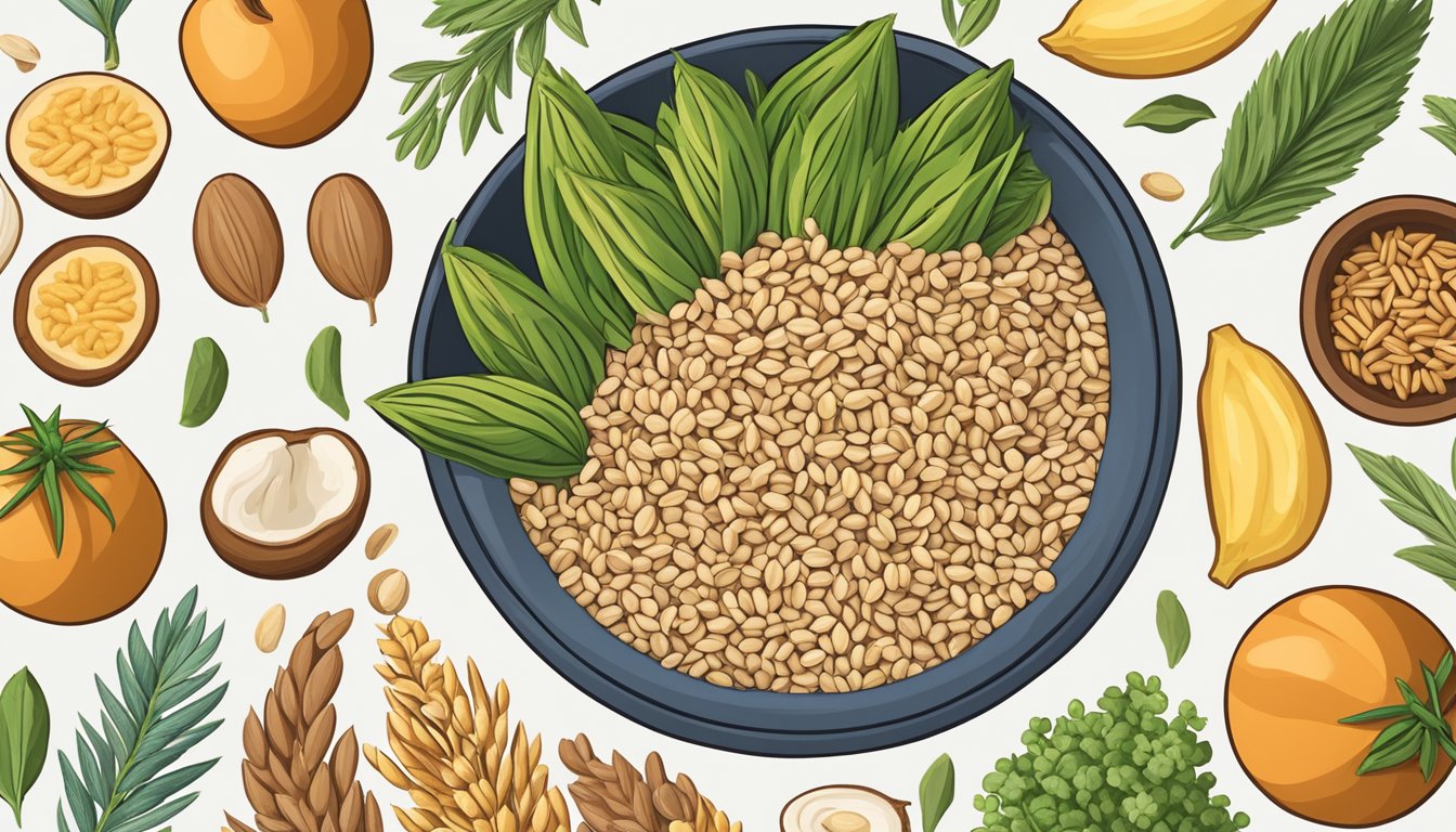 A bowl of kamut grains surrounded by various plant-based foods, emphasizing its vegan nature