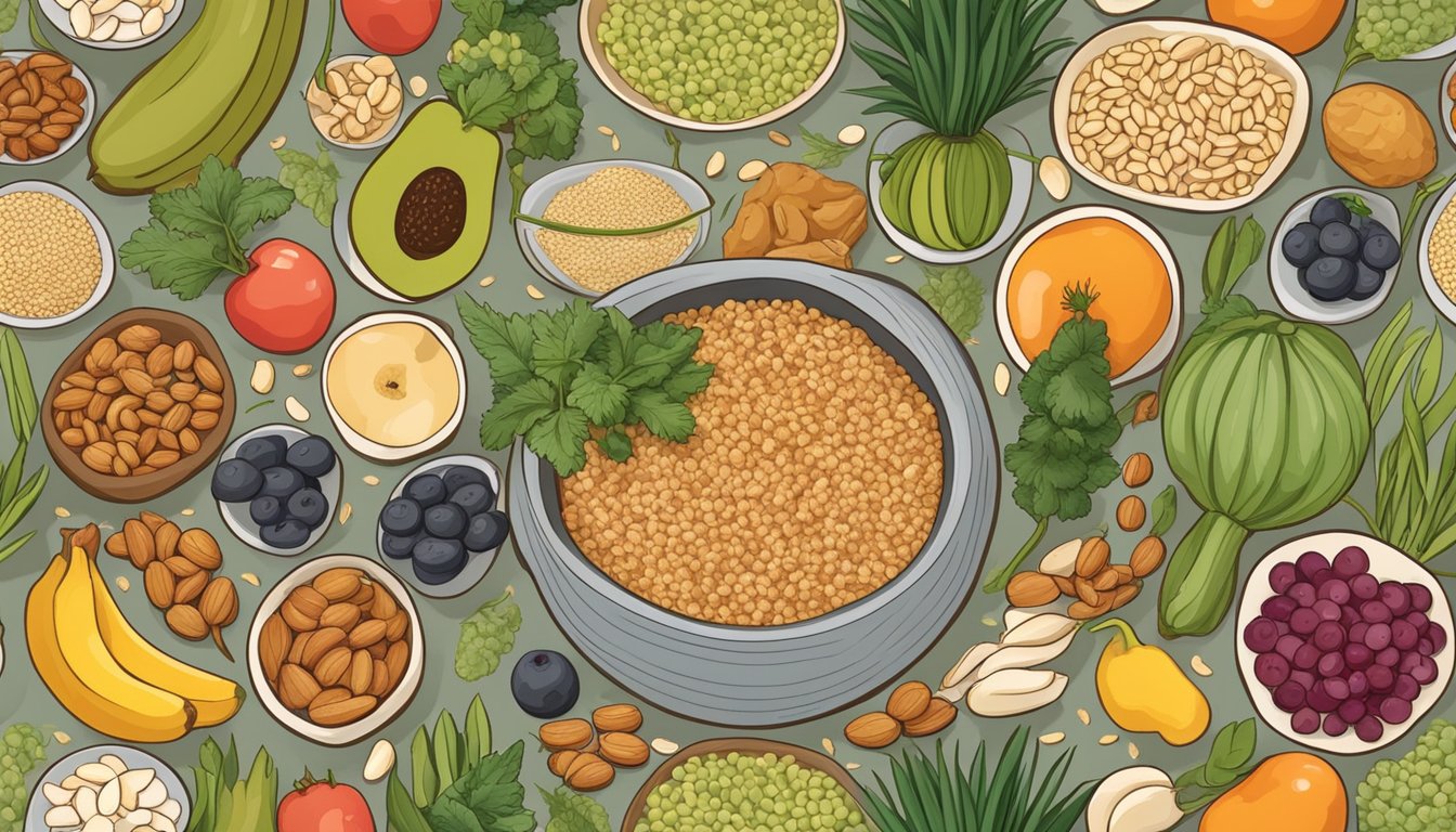 A bowl of kamut grains surrounded by various plant-based foods like fruits, vegetables, and nuts to illustrate its vegan nutritional profile