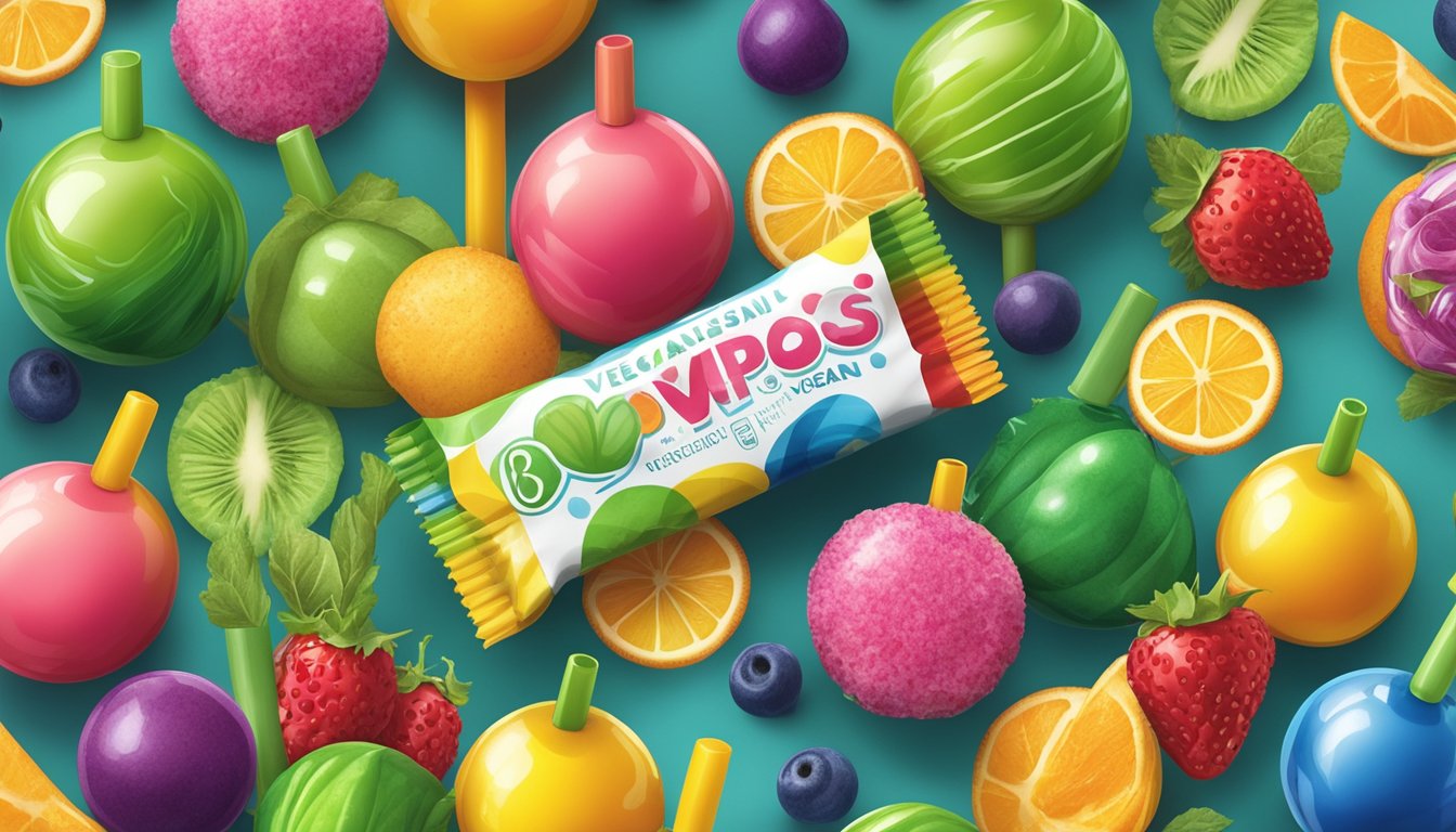 A colorful assortment of blow pops surrounded by fresh fruits and vegetables, with a prominent "vegan" label on the packaging