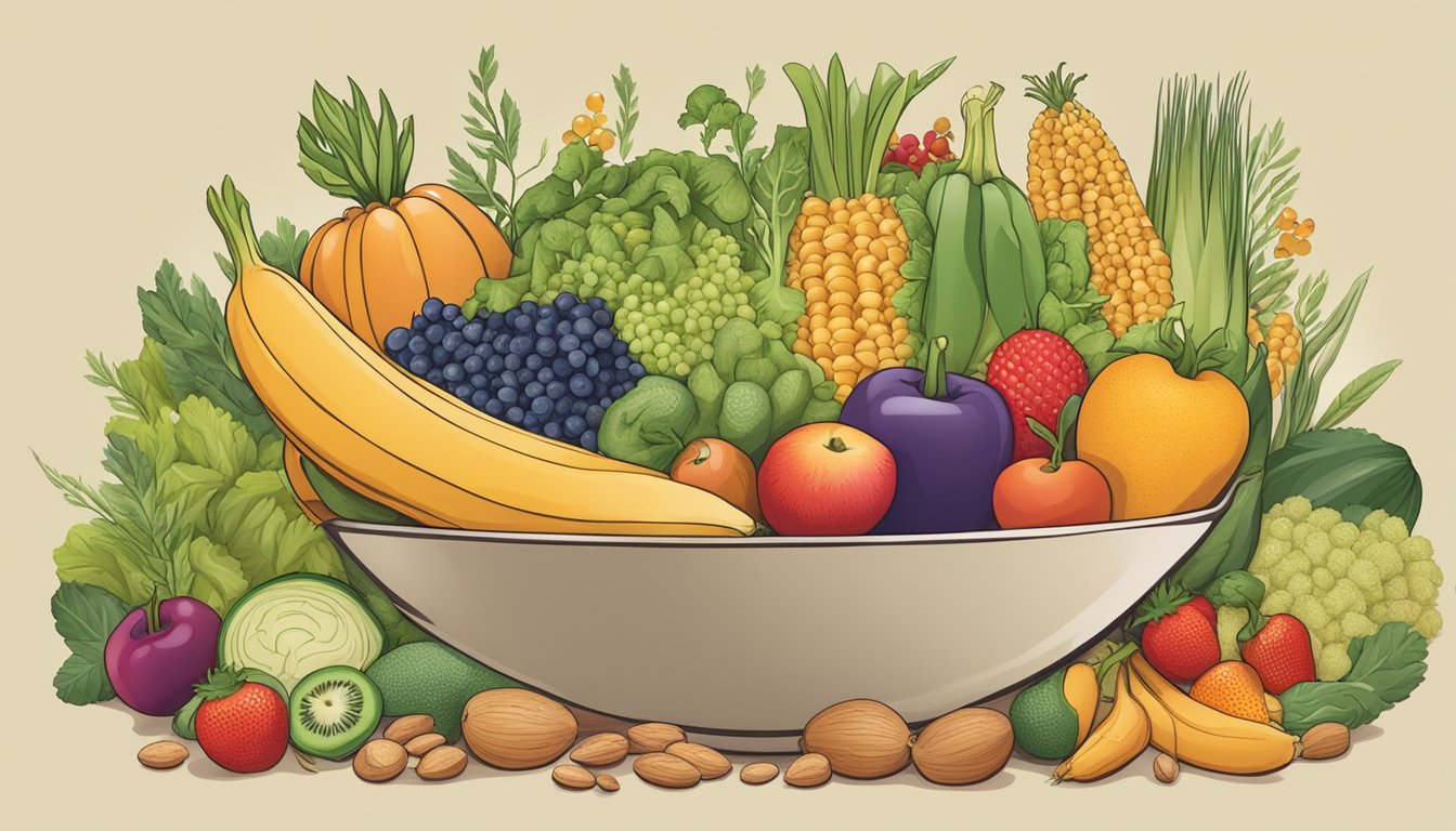 A bowl of kamut grains surrounded by colorful fruits and vegetables, with a banner reading "Health Benefits and Considerations" above