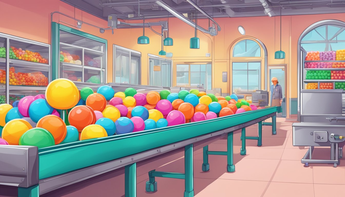 A conveyor belt in a candy factory with colorful blow pops and a sign with the word "vegan" displayed prominently