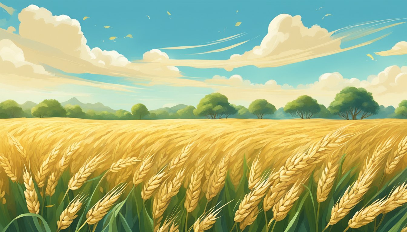 A field of golden kamut wheat swaying in the breeze, surrounded by lush greenery and clear blue skies, symbolizing sustainability and veganism