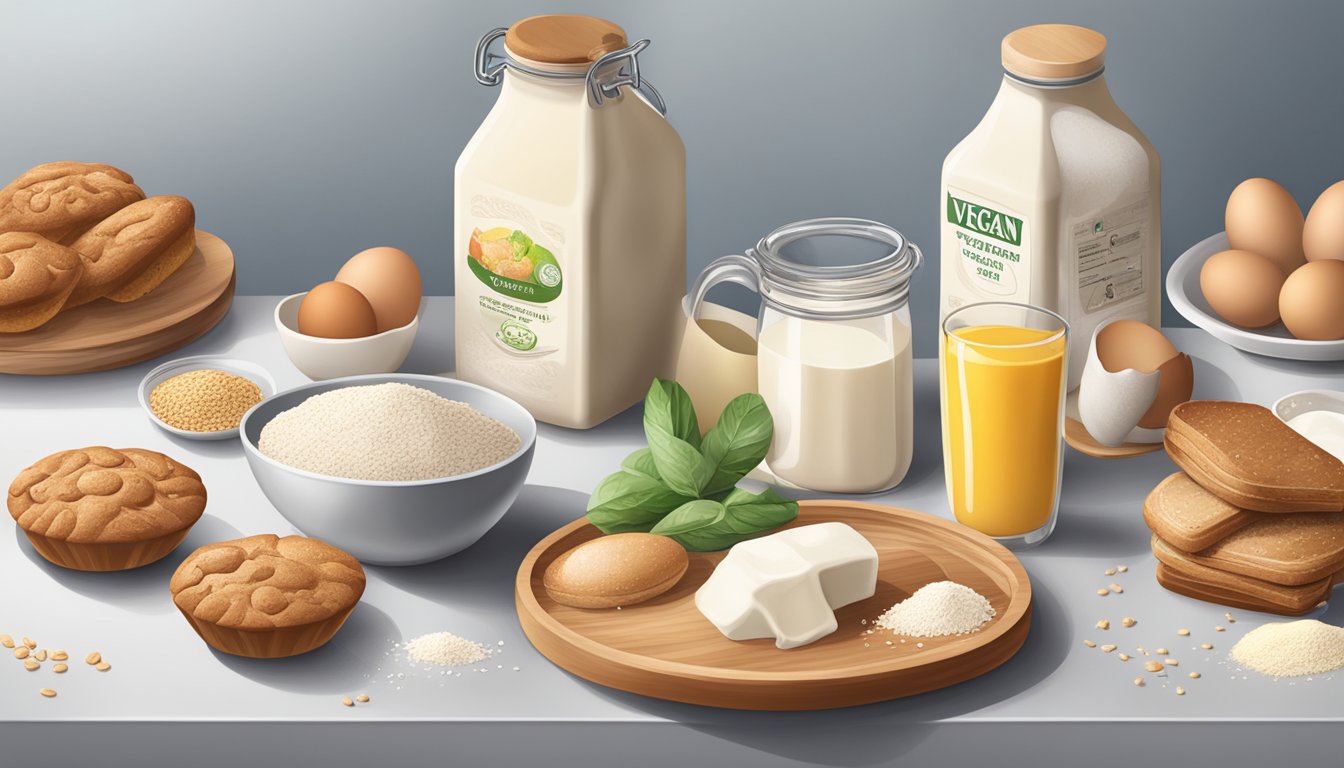 A kitchen counter with various spelt baked goods and ingredients, including flour, milk, and eggs, with a prominent "vegan" label