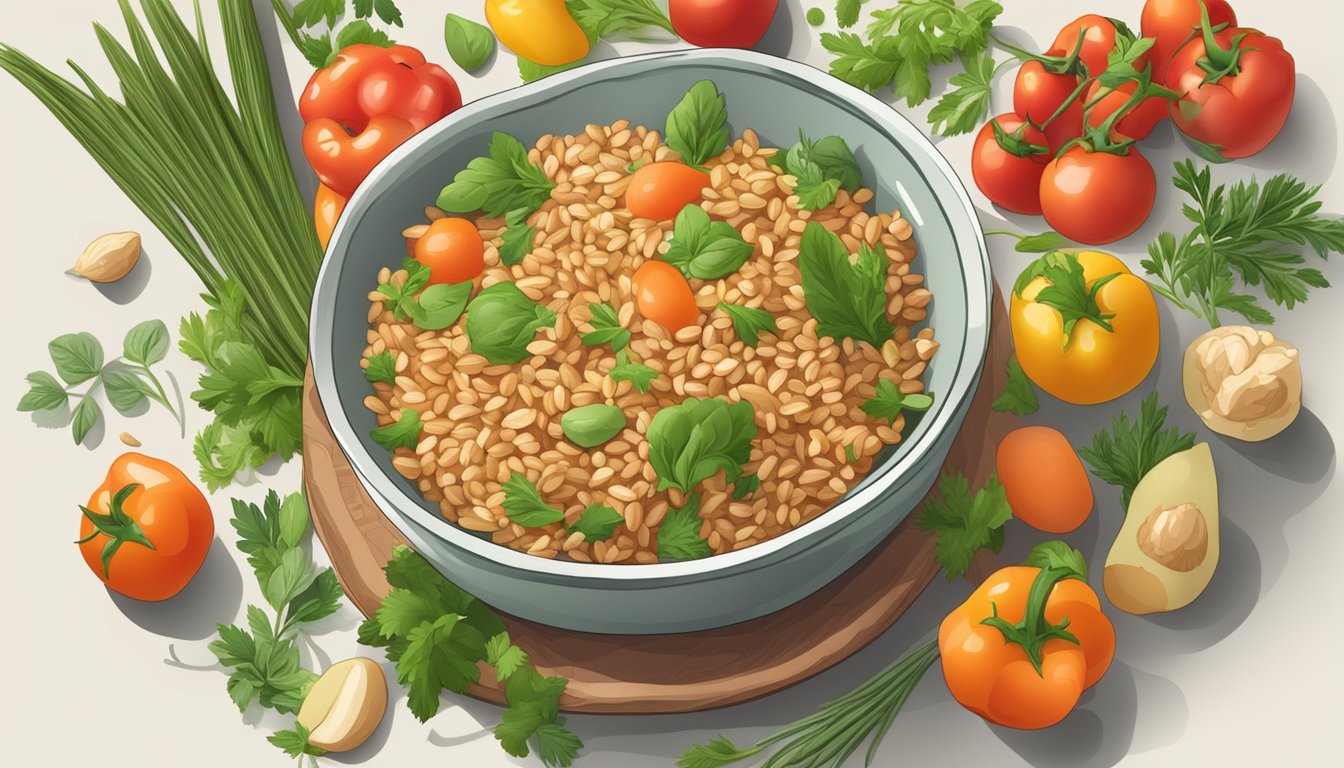 A bowl of cooked farro surrounded by fresh vegetables and herbs